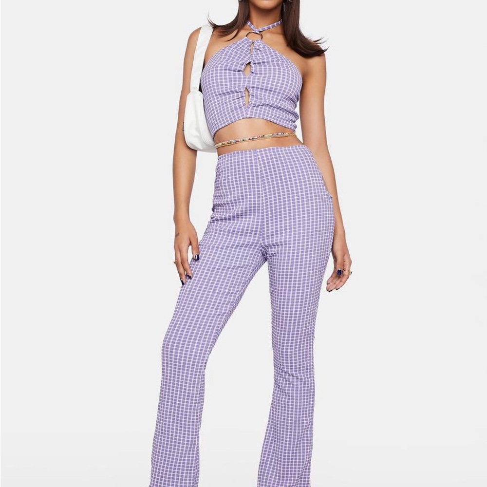 Miss Lola Purple Checkered Flare Jumpsuit